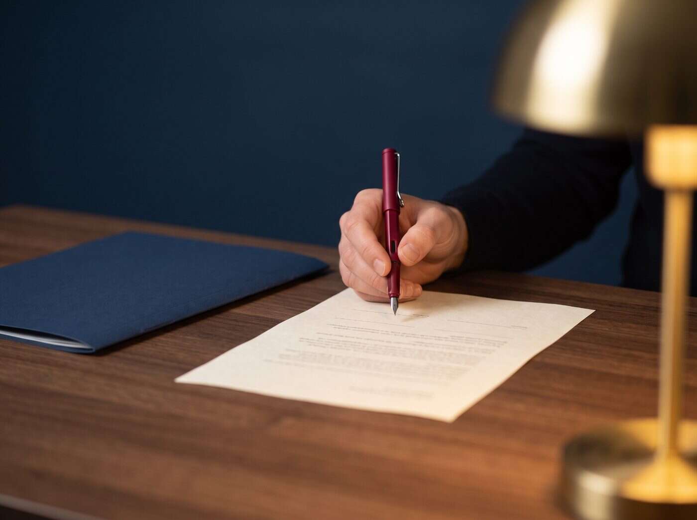 Hand holding a crimson fountain pen over a printed approval sheet on a walnut desk, navy folder and brass lamp beside it