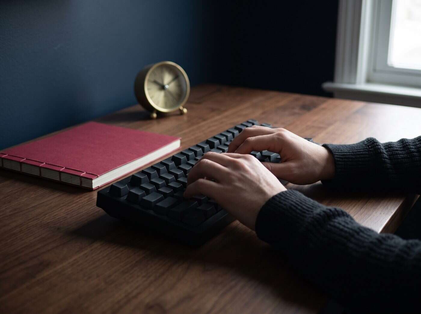 Developer's hands on a black mechanical keyboard at a walnut desk beside a crimson notebook and a brass desk clock