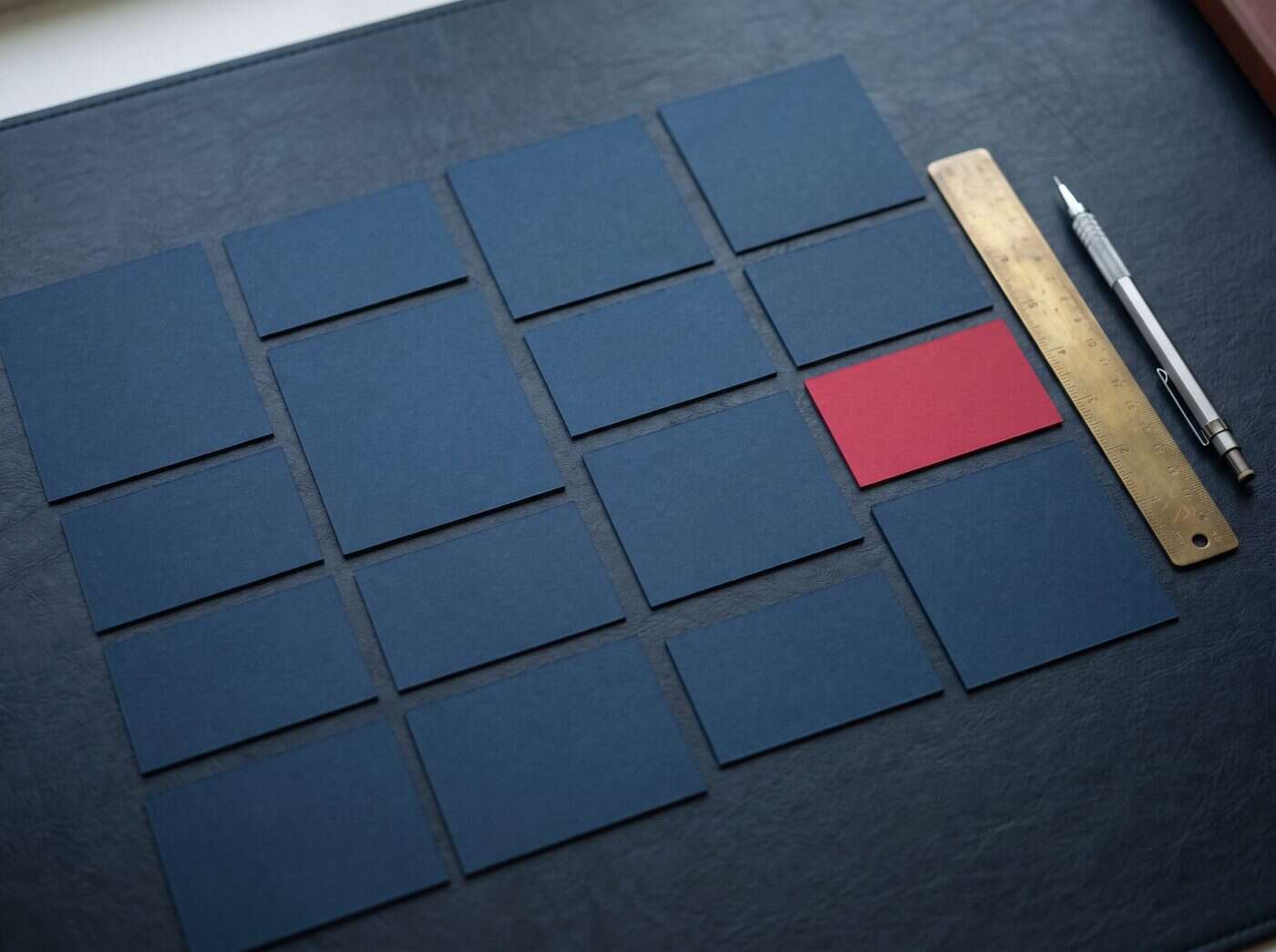 Navy paper cards laid out as a responsive layout grid on a slate desk, one card crimson, brass ruler and mechanical pencil beside